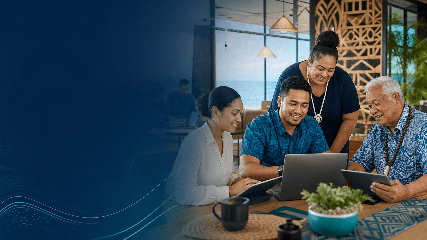 Pasifika people collaborating with digital tools in a modern community workspace